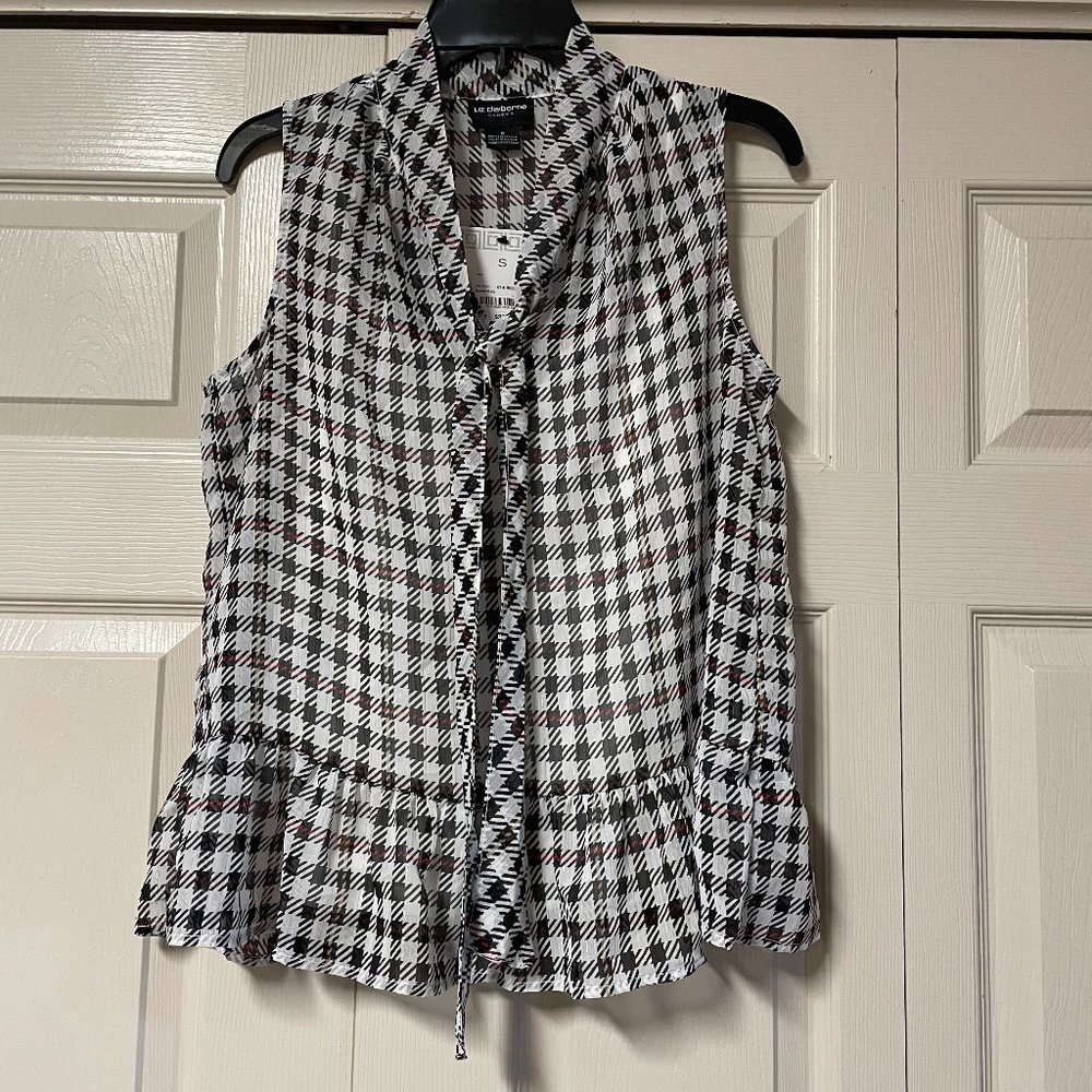 Liz Claiborne Career Tank Shell Top Tie Peplum Ruffle Black White Plaid S NWT